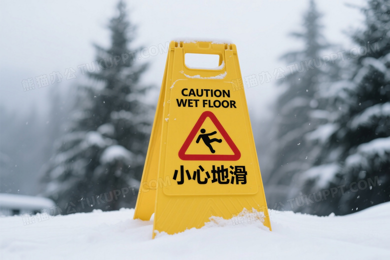 雪地黄色警示牌特写图片