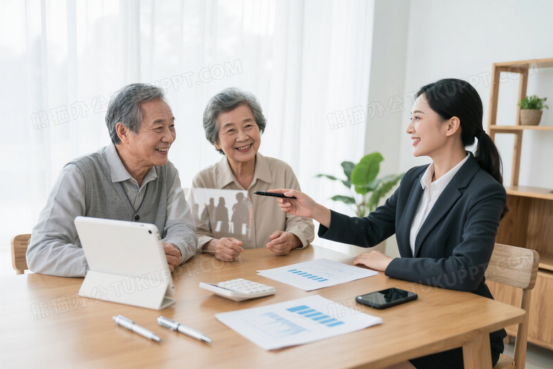 老年夫妇与理财顾问会议交流图片