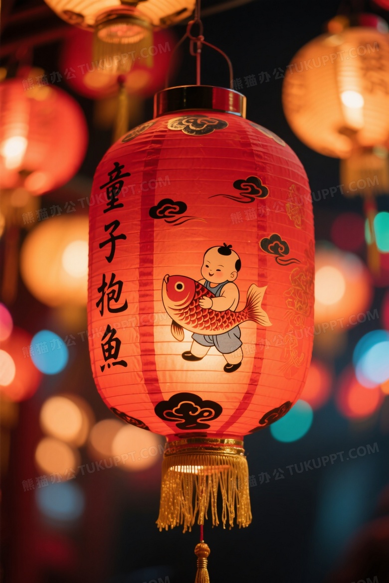红灯笼童子抱鱼特写图片