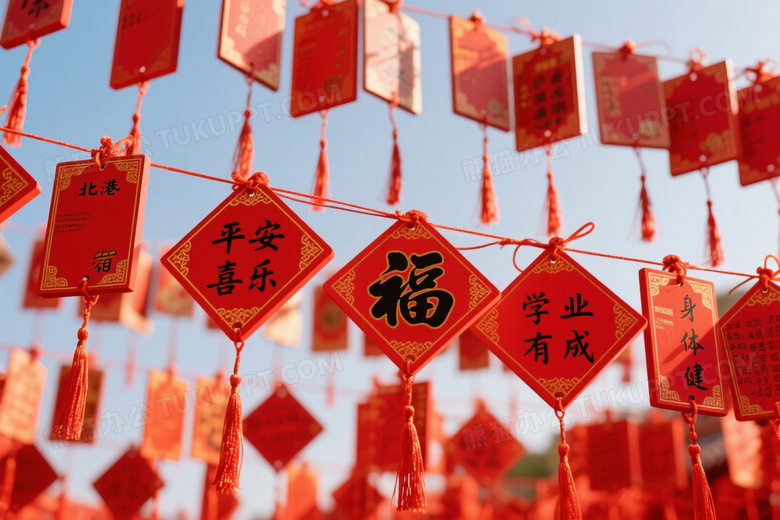 红色祈福牌强光特写图片