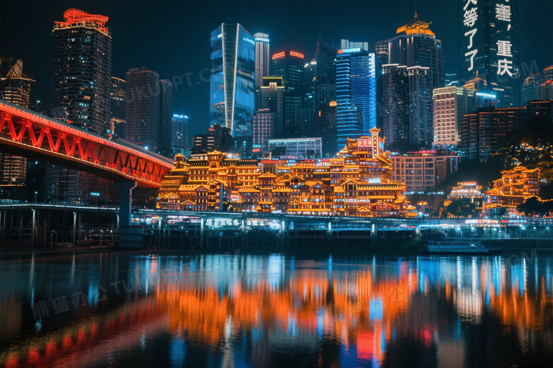 重庆洪崖洞夜景吊脚楼与摩天楼图片