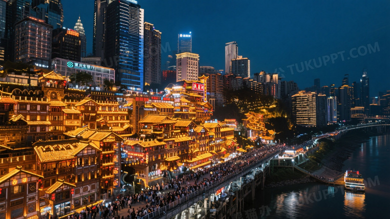 夜景俯瞰洪崖洞吊脚楼群图片