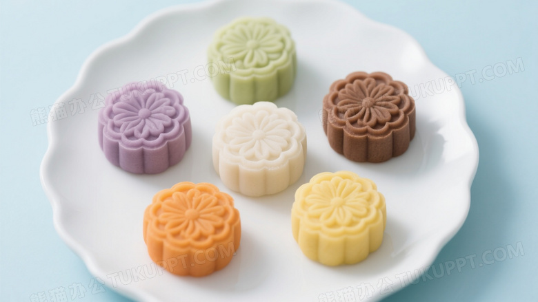六枚彩纹冰皮月饼俯拍图片