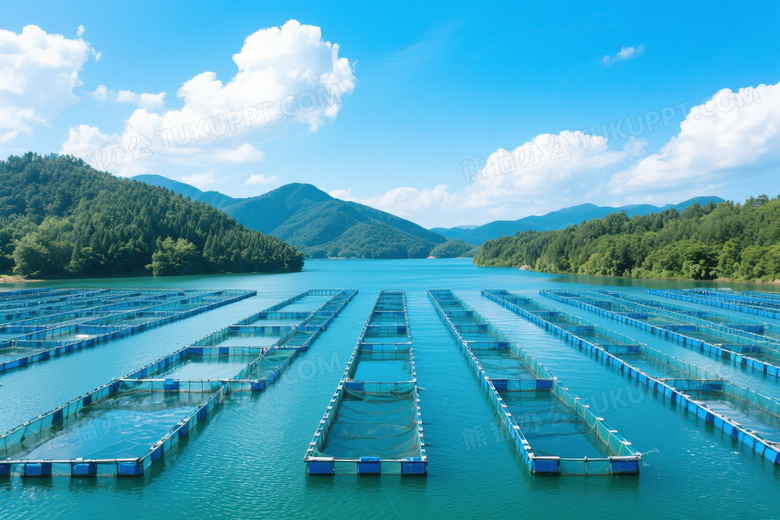 俯拍淡水网箱养殖基地图片