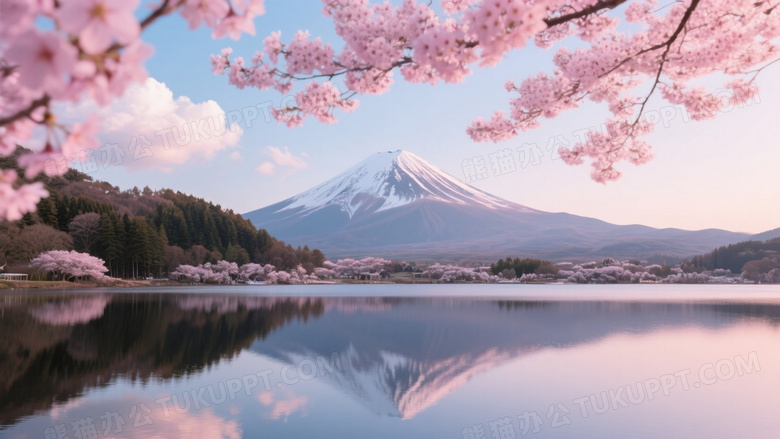 富士山樱花湖面倒影对称图片