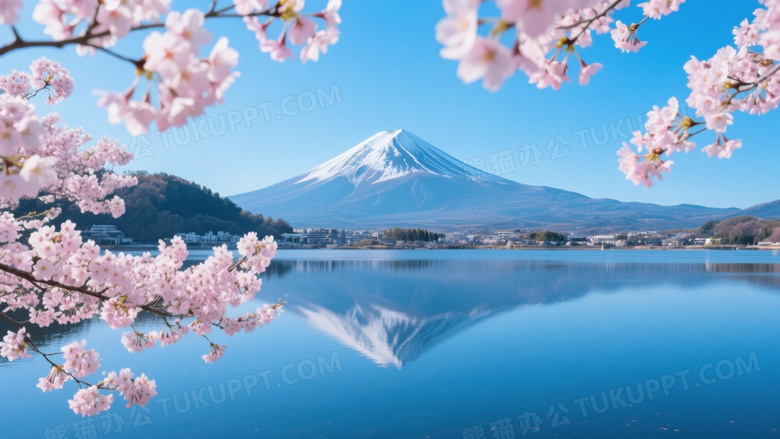 富士山樱花湖面倒影高清图片