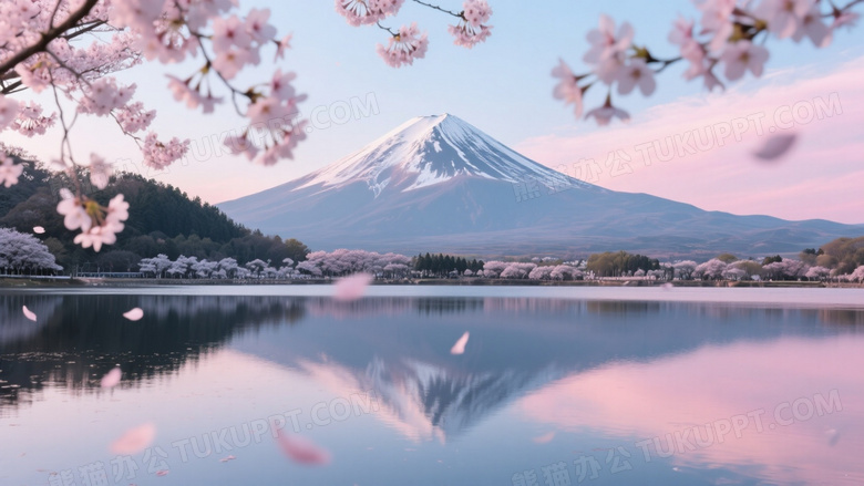 富士山樱花湖面倒影柔光图片