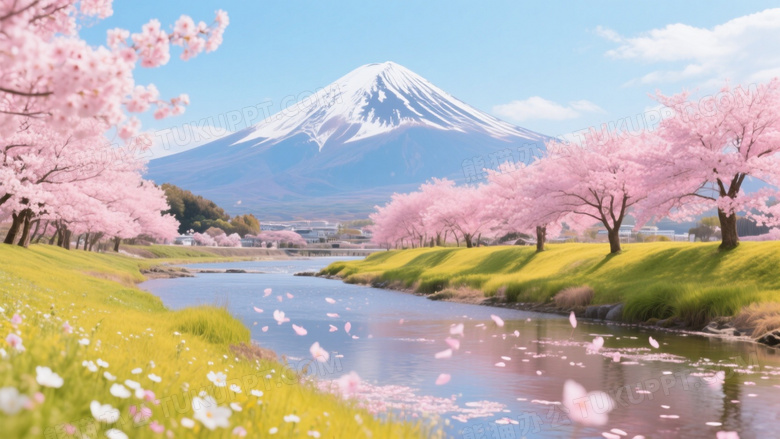 富士山樱花草地河流全景图片