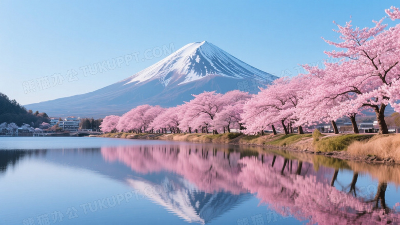 富士山樱花湖岸倒影图片