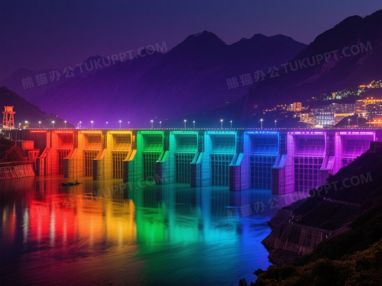 三峡大坝夜景彩虹灯效图片