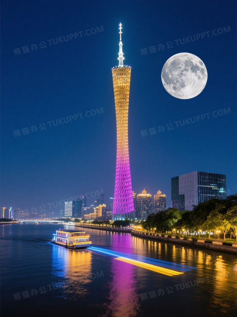 广州塔夜景满月倒影图片