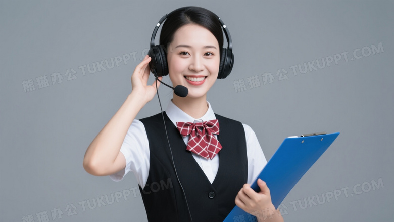 女性客服人员微笑持文件夹图片