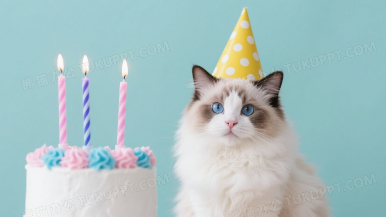 布偶猫戴生日帽端坐蛋糕前图片