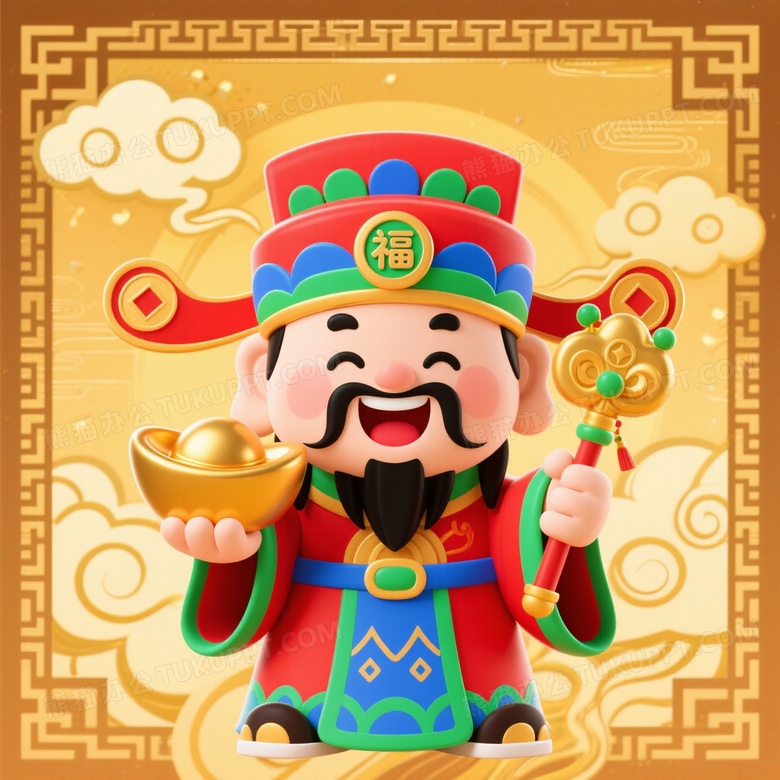 卡通财神爷持元宝如意图片