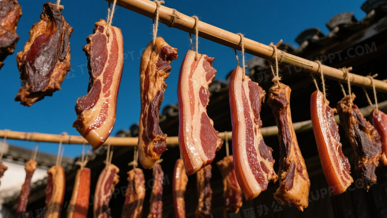 风干腊肉悬挂瓦檐侧逆光图片