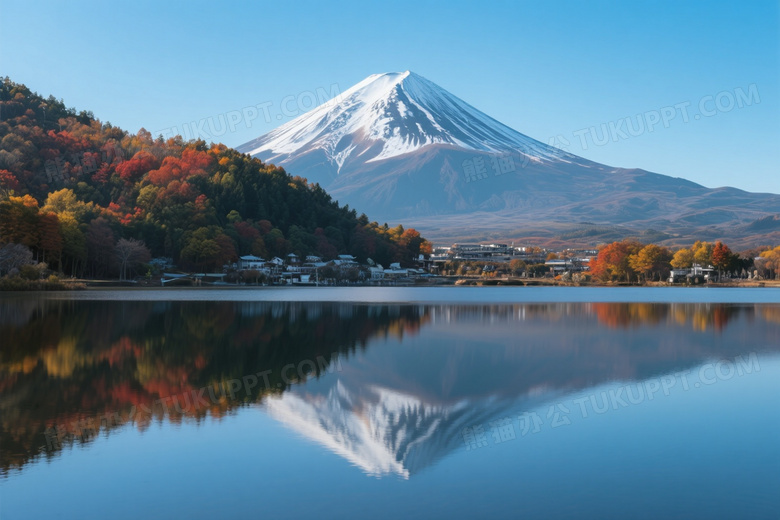富士山雪顶湖面倒影对称图片