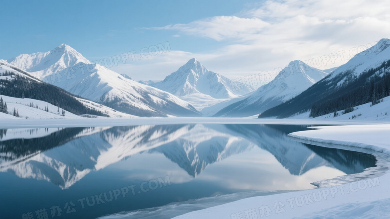 冰封湖泊倒映雪峰晨光图片