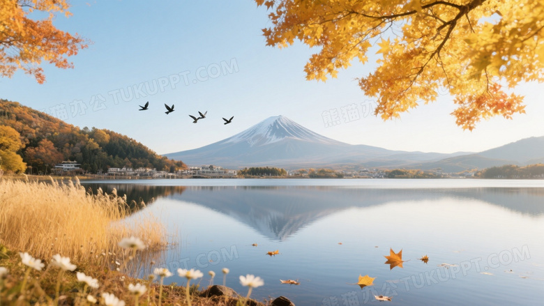 秋日湖畔富士山倒影飞鸟图片
