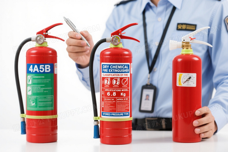 安检员检查红色灭火器特写图片