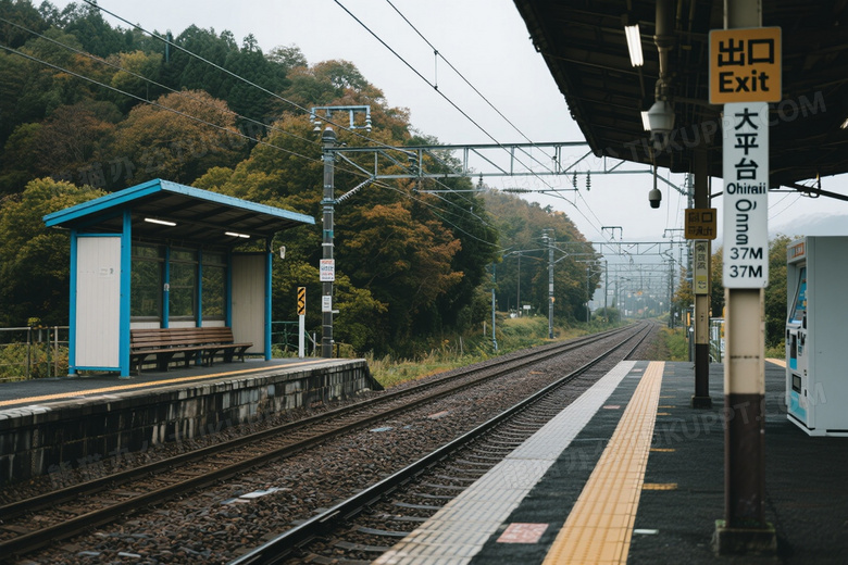 日本乡村火车站站台对称构图图片