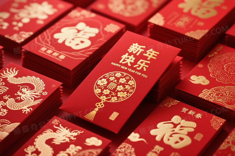 红色红包堆叠俯拍春节主题图片