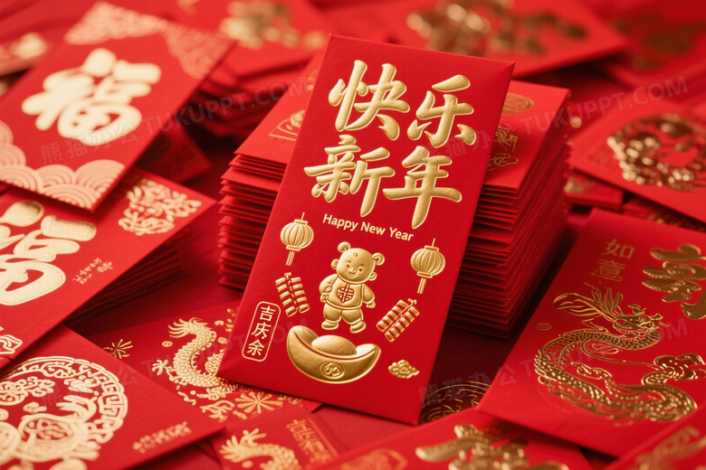 红色红包堆叠俯拍春节主题图片