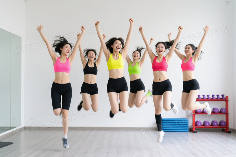七位女性健身房跳跃高清图片