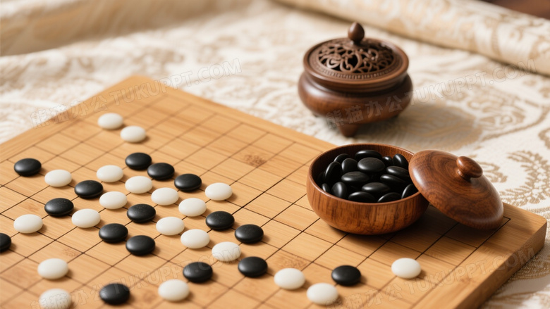 俯拍围棋盘黑白棋子与香炉图片
