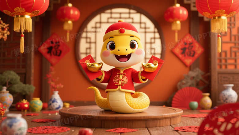 红衣蛇形吉祥物持元宝红包图片
