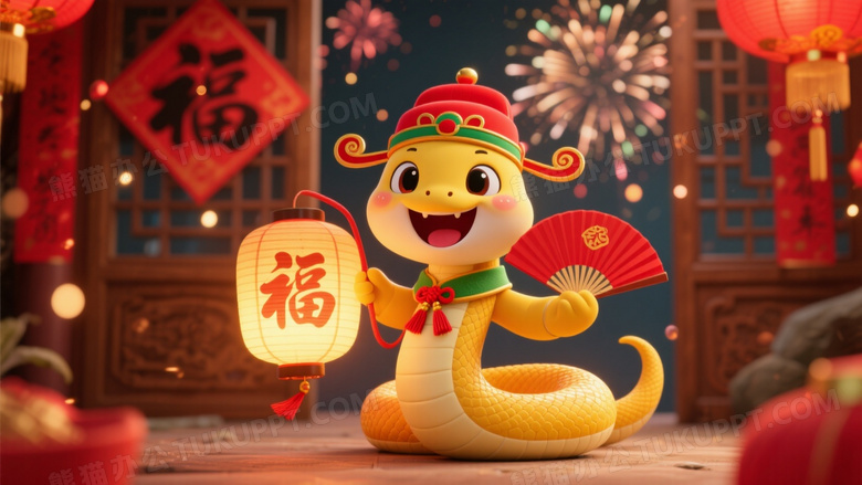 黄蛇吉祥物持灯笼扇子春节图片