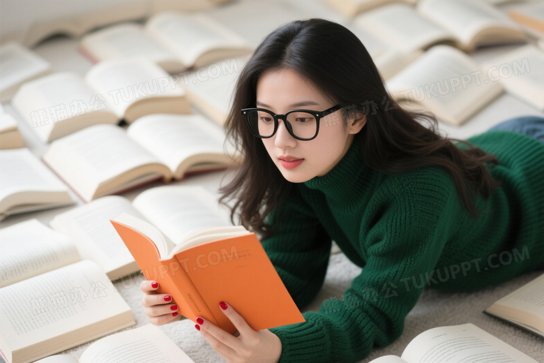年轻女性卧读橙色书本图片
