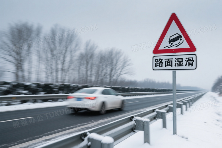 湿滑路面警示牌与行驶轿车图片