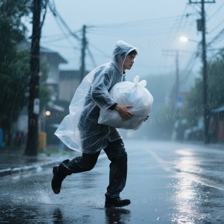 男子雨中奔跑抱袋侧逆光图片