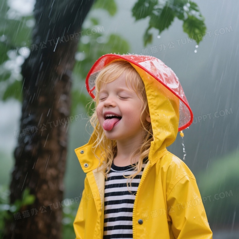 金发女孩雨中吐舌迎雨图片