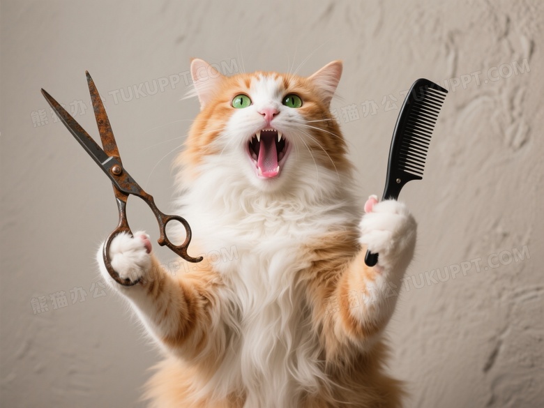 橘白长毛猫持剪梳大叫图片