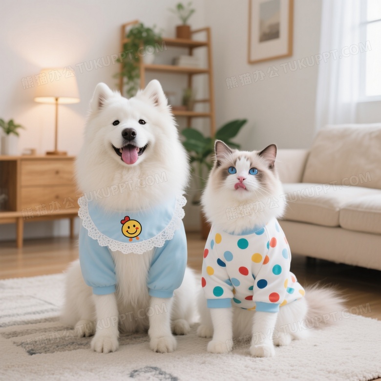 萨摩耶与布偶猫穿萌装坐地毯图片