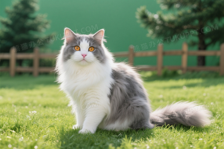 灰白长毛猫蹲坐草地侧逆光图片