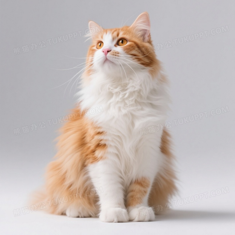 橘白长毛猫坐姿专注柔光图片