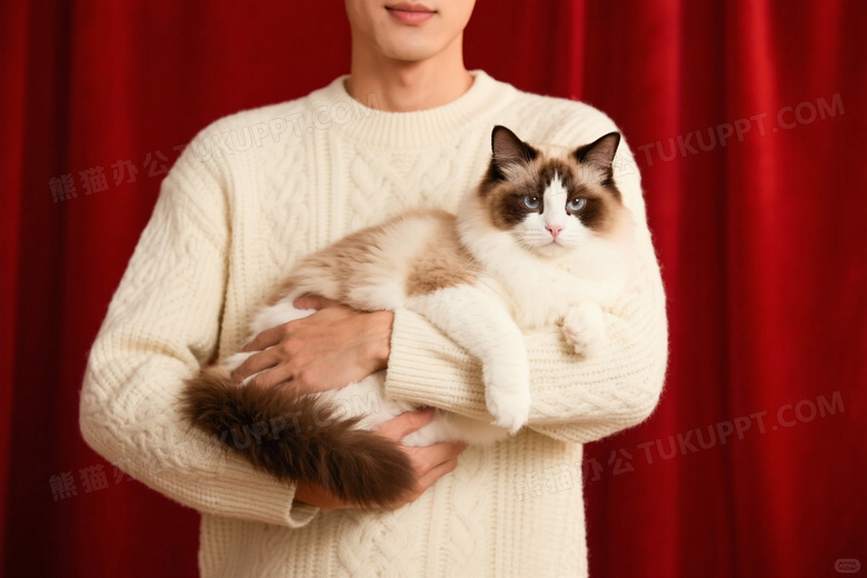人抱布偶猫红幕前柔光图片