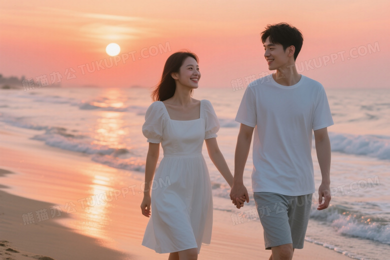 情侣海边漫步夕阳逆光图片