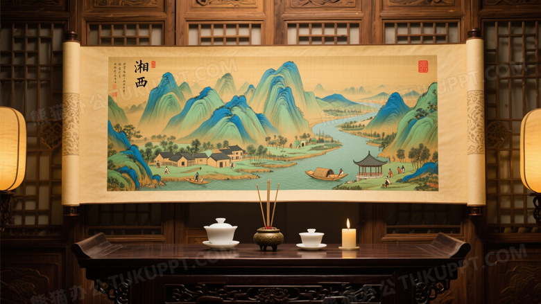青绿山水卷轴悬挂屏风前图片