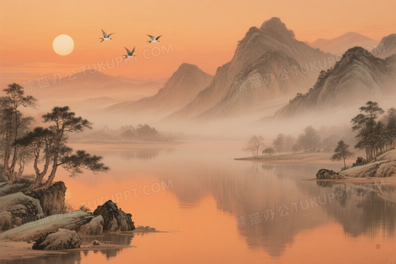 黄昏湖景山水画风格图片