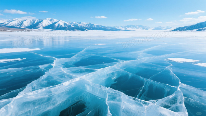 冰封湖面裂纹雪山远景图片