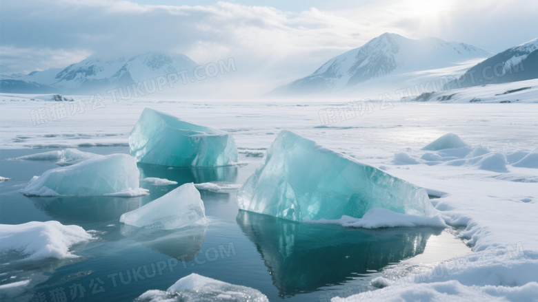 冰封湖面蓝绿冰块雪山远景图片