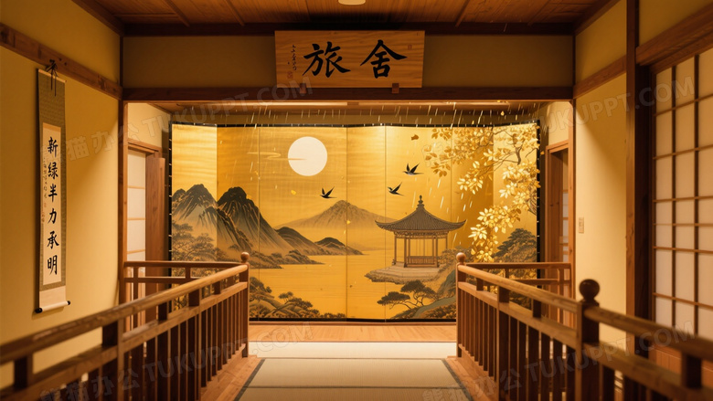 日式旅舍内部屏风廊道图片