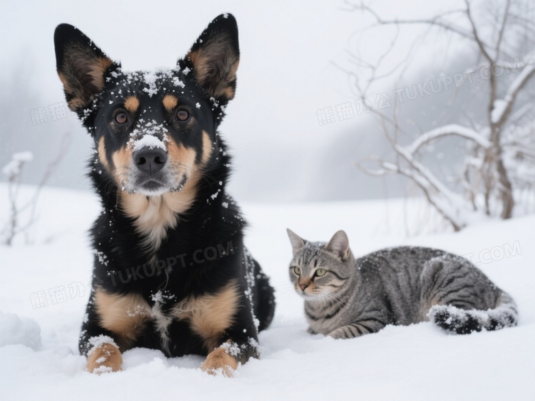 雪中犬猫相伴特写图片