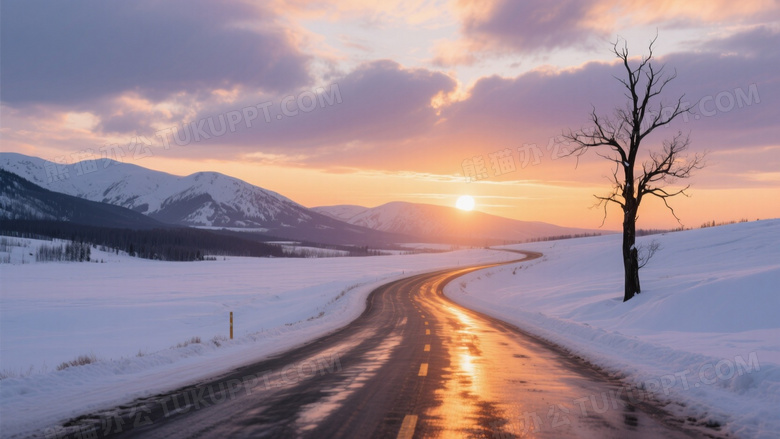 雪路落日余晖逆光图片