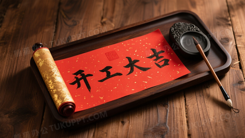 红宣纸卷轴开工大吉俯拍图片