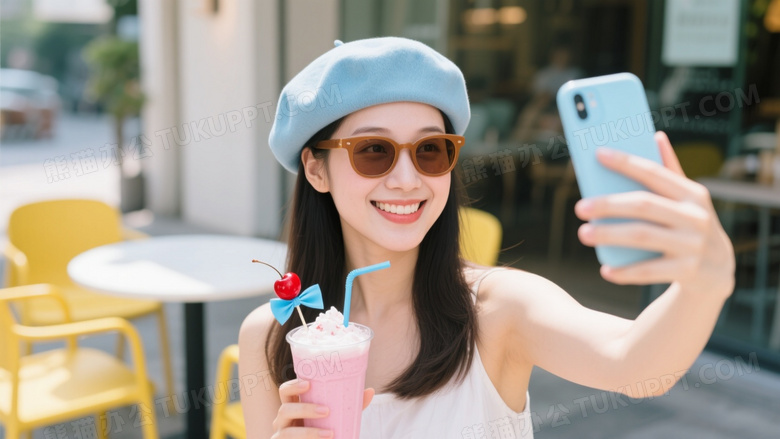 戴贝雷帽女性持奶昔自拍图片
