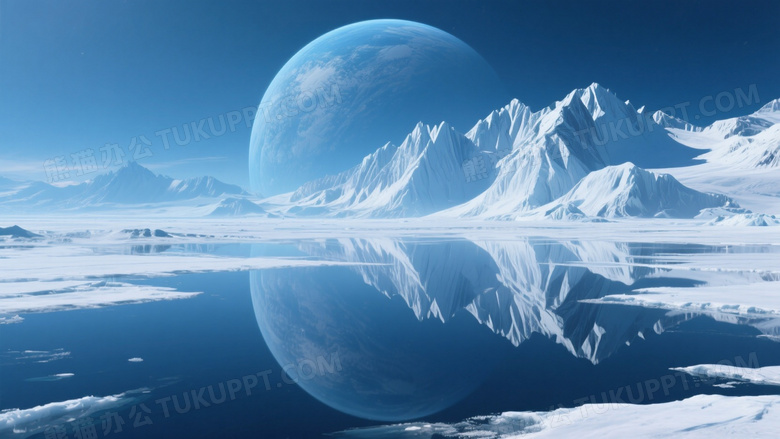 冰封湖面倒映蓝星冰川侧逆光图片